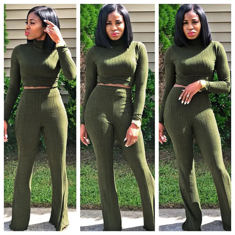 Sexy Knitted Ribbed Two Piece Set Women's Outfits Long Sleeve Turtleneck Crop Top+ high waist Wide Leg Pants Casual Sweat Suits | Женская