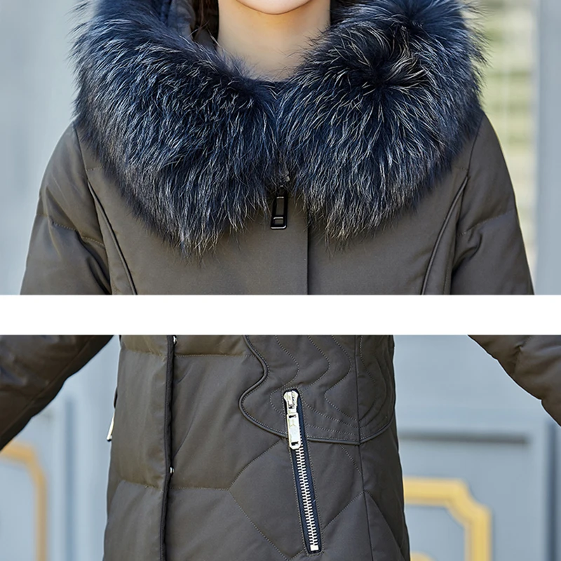 90% белый утиный пух меховой воротник длинный женский пуховик зимние теплые парки