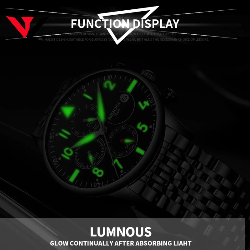 Мужские кварцевые наручные часы NIBOSI Роскошные водонепроницаемые с полностью