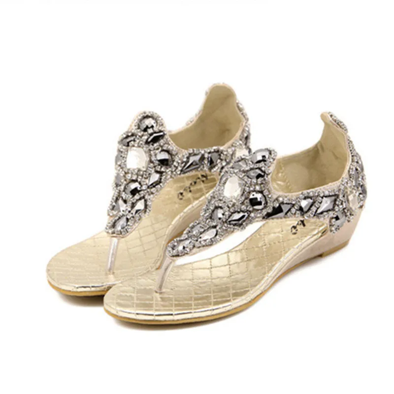 Мода новые 2017 Лето Женщины Сандалии Кристалл Горного Хрусталя Slip-on Клин Обувь