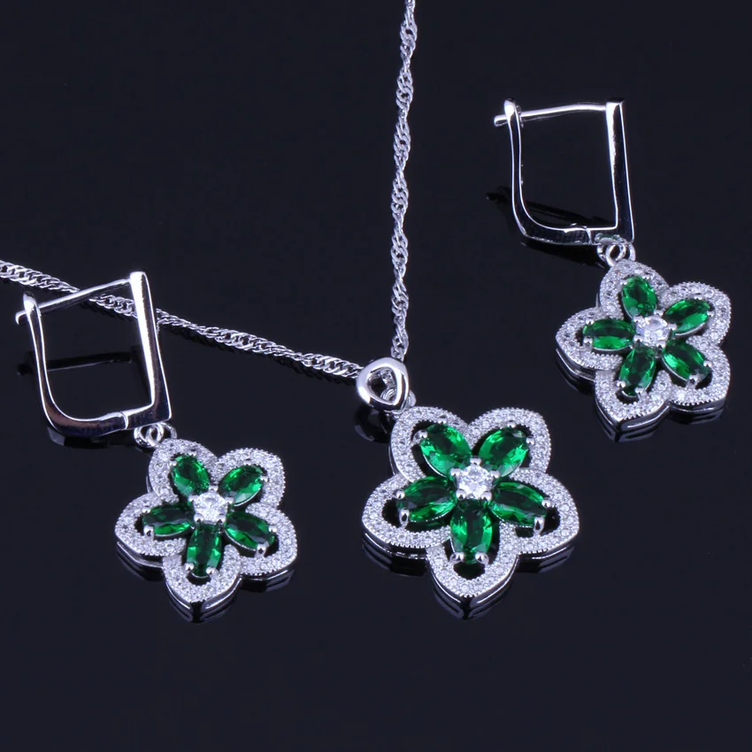 

Fancy Green Cubic Zirconia White CZ Silver Plated Jewelry Sets Earrings Pendant Chain V0022