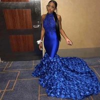 2019 high neck sleeveless beaded prom dresses lace appliques royal blue evening gowns 3d flower satin special occasion dress