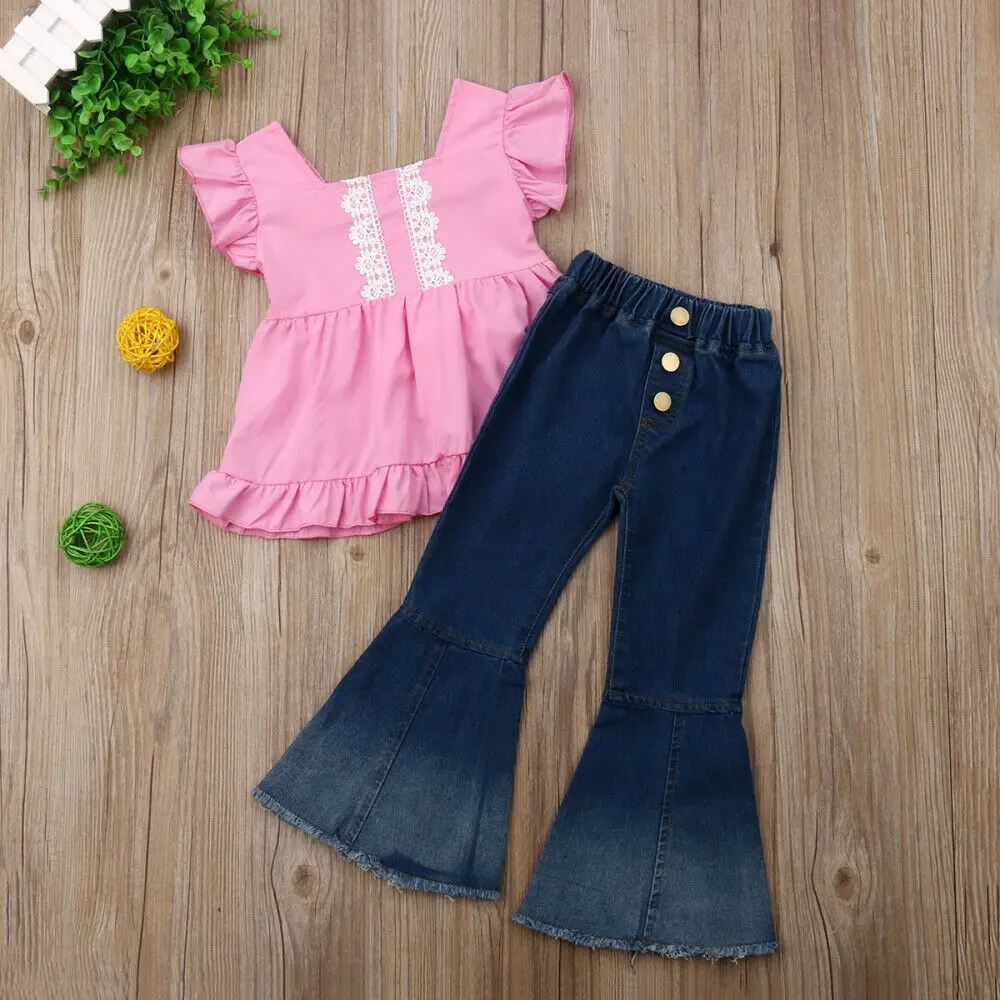 

2Pcs Toddler Kids Baby Girl Clothes Ruffle Tops T-Shirt+Denim Flare Pants Trousers Outfits Set Fashion NEW 1-6T