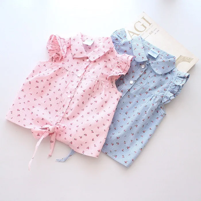 

2019 new boutique girls vertical stripes flowers fly edge short sleeve shirt girls blouse kids clothes