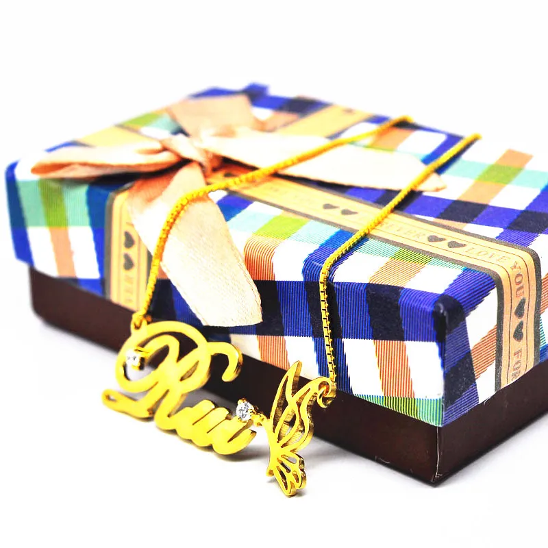 Ожерелье с табличкой хрустальной бабочкой персонализированное имя подвеска