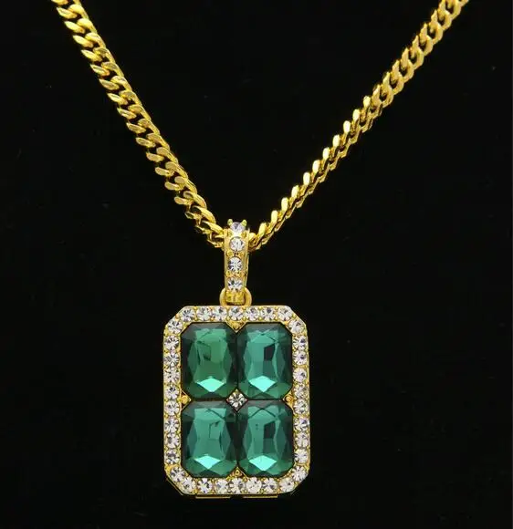 gold and green Iced out золотого цвета хип-хоп квадратная подвеска ожерелье с 70 см длинная кубинская цепочка для унисекс ювелирные изделия Прямая поставка - Окраска металла: gold and green