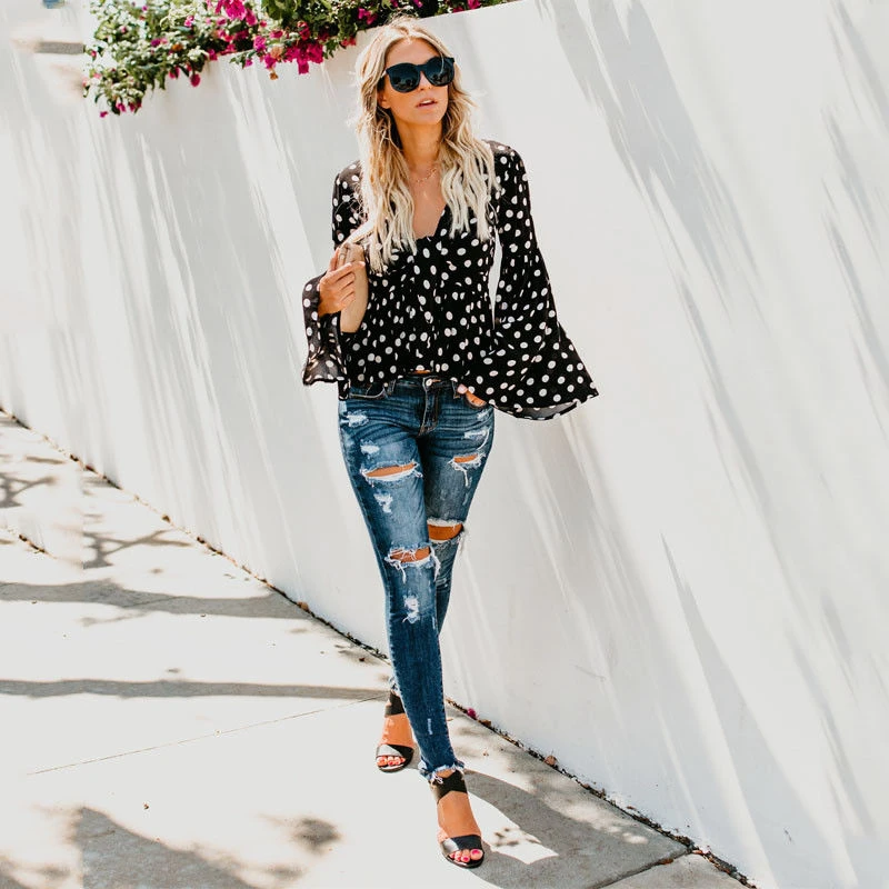 Женская рубашка в горошек сексуальные топы с v-образным вырезом Женский