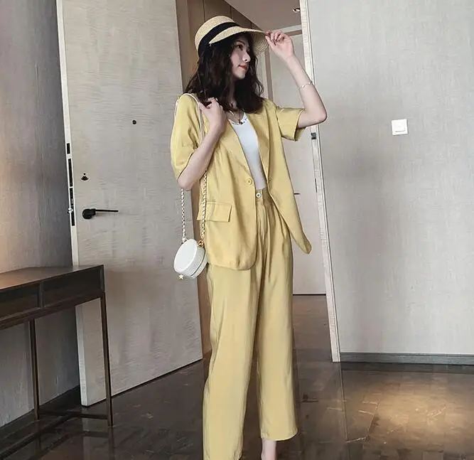 yellow suit LISM OL Бизнес корейский розовый наряд набор с коротким рукавом тонкий зубчатый блейзер+ кнопки карандаш брюки модные женские брюки костюм - Цвет: yellow suit