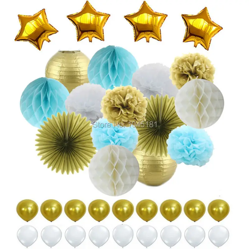 Синий белый золотой папиросной бумаги Pom Poms & Honeycomb мяч фонарь фольга Звезда