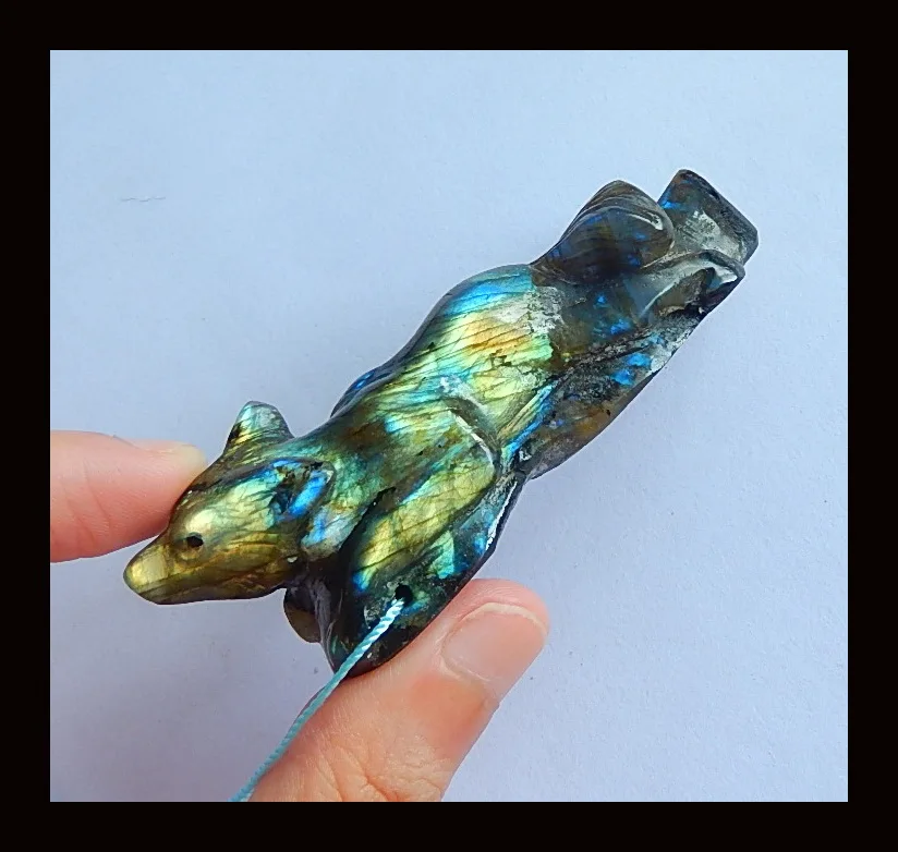 Carved wolf Labradorite hand carved wolf Pendant,74x24x22mm,50.3g