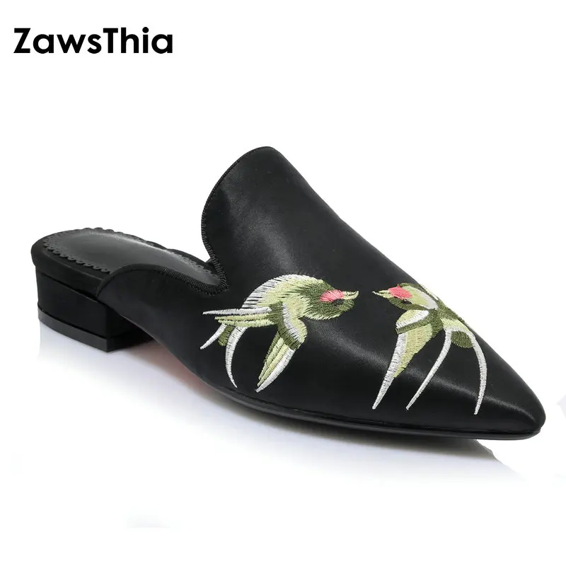 ZawsThia/ г.; шлепанцы без задника из искусственного шелка и сатина с вышивкой в виде птиц; домашние тапочки; женские вышитые шлепанцы на плоской подошве для женщин размера плюс 44