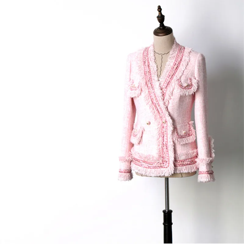 

Handmade 2018 Runway Designer Luxury Fashion Blazer for Women V Collar Pearl Buttons Tassel Short Blazer Coat Pink