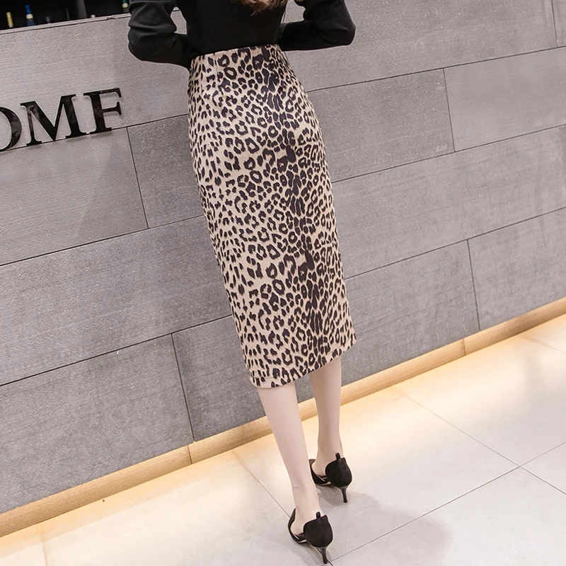 Autumn Suede Skirt High Waist Midi Skirt Woman Sexy Leopard Print Split Bandage Evening Party Skirt OL Office Work Faldas Saias