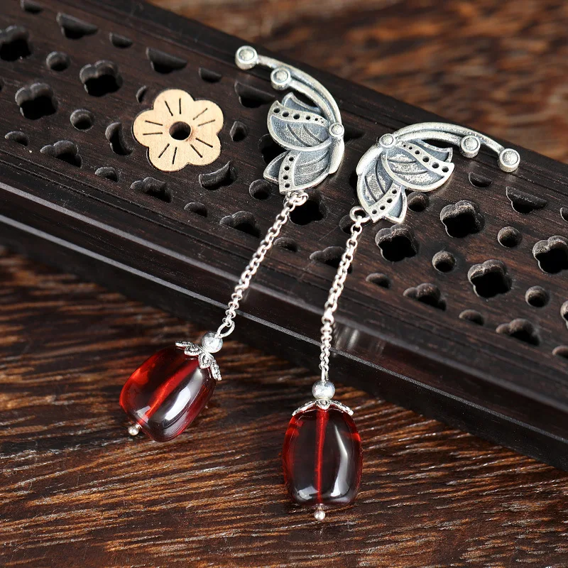 S925 sterling silver retro female personality natural blood amber temperament national wind ear free shipping | Украшения и