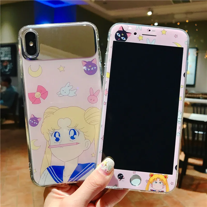 Для iphone 8 plus Милая наклейка луна-зеркало матроска мягкий чехол + стеклянная пленка