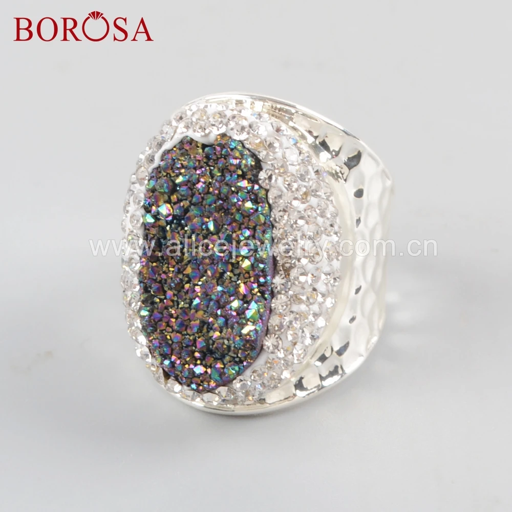 Женские кольца с натуральным кристаллом BOROSA радужные из титана покрытая