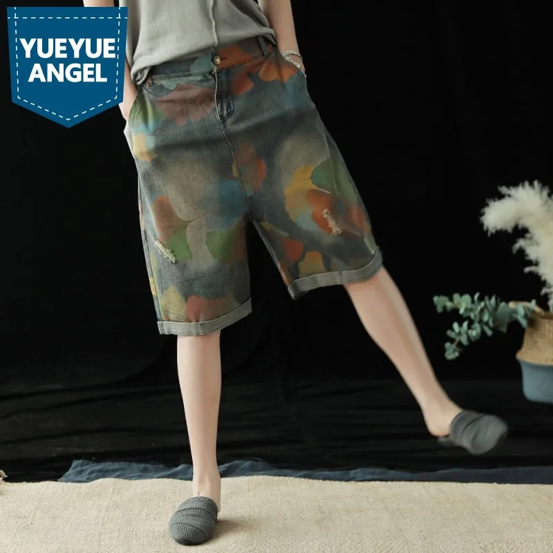 

Women Summer Fashion Hole Ripped Camouflage Vintage Denim Shorts Knee Length Back Elastic Waist Loose Casual Female Harem Shorts