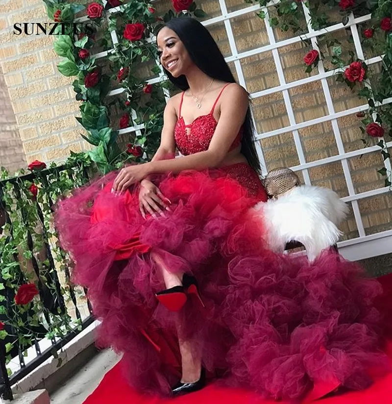 Mermaid Sweetheart Spaghetti Straps Prom Dress Sweep Train Ruffles Tulle Skirt Long Red Party Gowns Sexy Beaded Appliques Dress