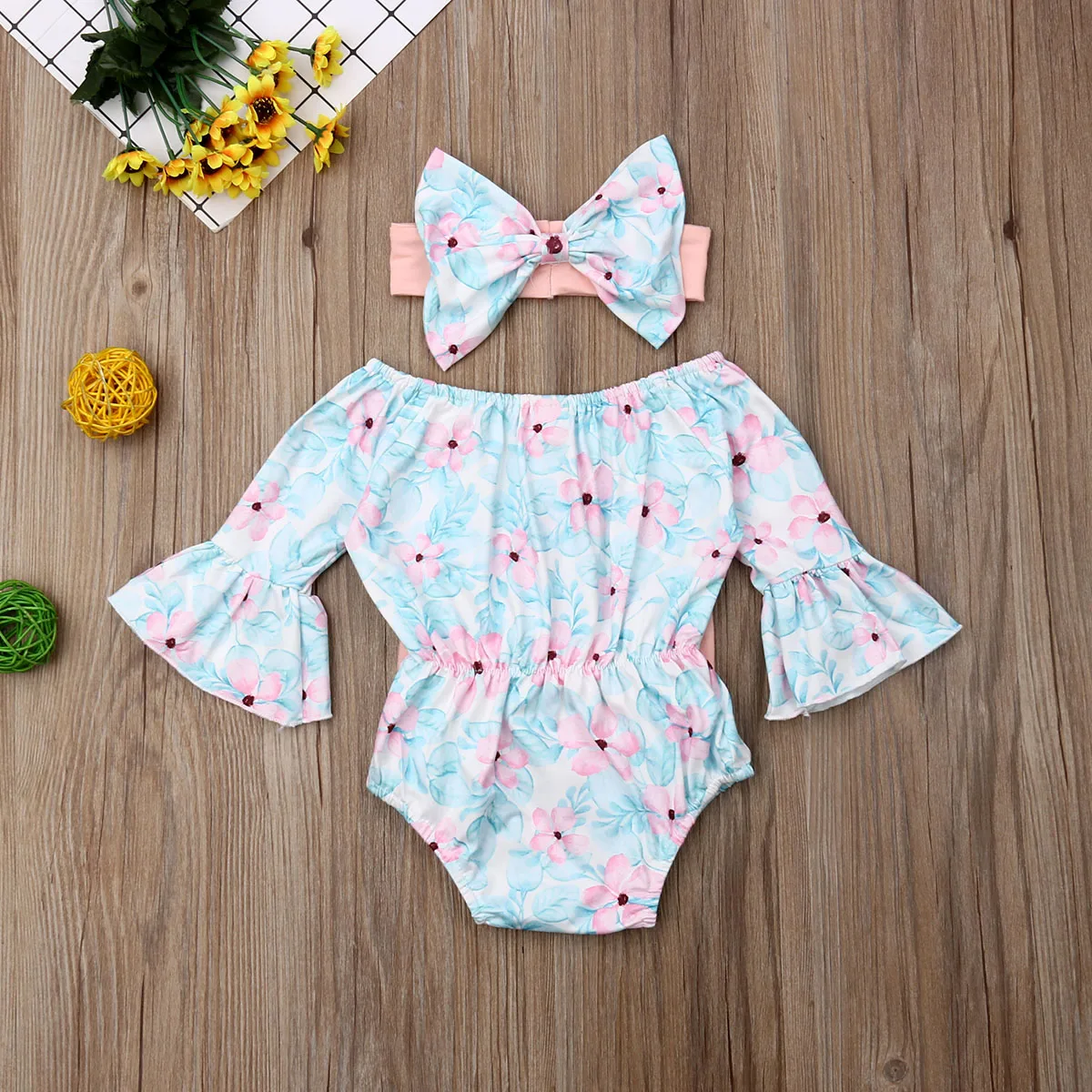 

Infant Baby Girl Clothes Flared Sleeve Floral Romper +Headband Outfit Cute Girl Kids Clothes Set Summer