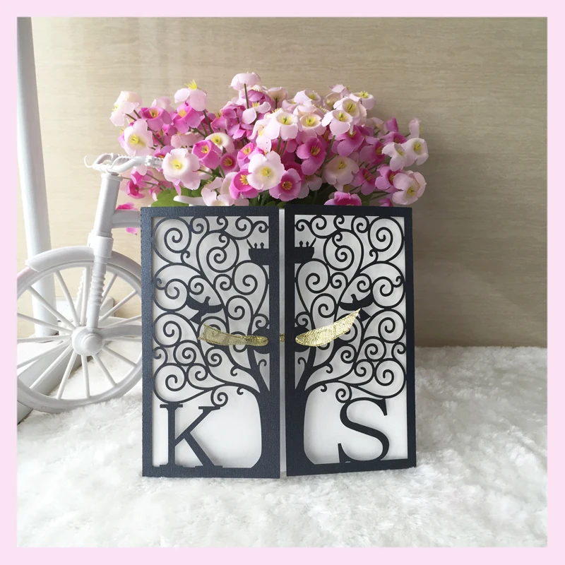 

100psc/lot customized name & date printing inner Wedding Party Invitation cover Card laser cut tree purple wedding invitations