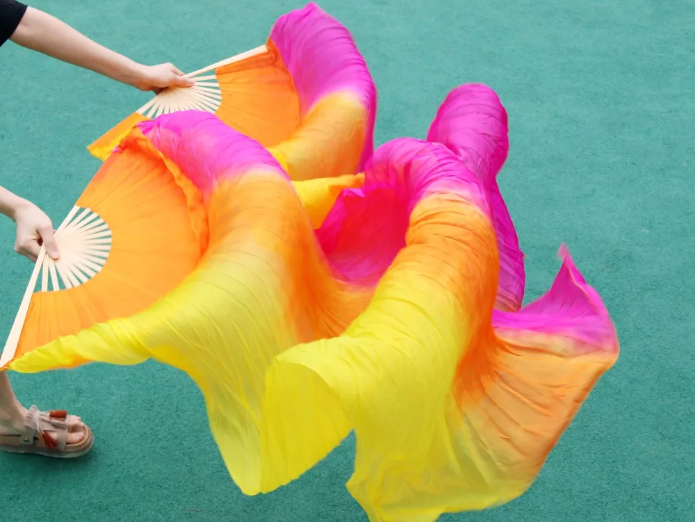 

2016 female high quality Chinese silk veils dance fans Pair of belly dancing fans cheap hot sale yellow+orange+rose stripe