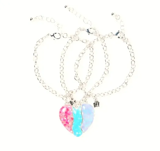 

New Fashion 3PCS Bff Heart Bracelet Trio Sweet Enamel Pink/blue Magnetic Broken Heart Charms For Girl