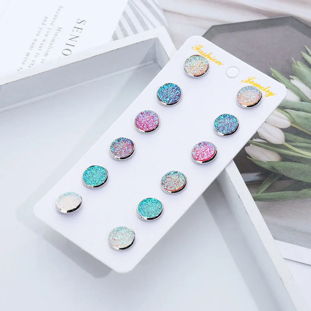 6 пар/ком2/femme, круглые серьги-гвоздики Druzy Quartz, блестящие прозрачные стразы, серьги-гвоздики, набор для женщин, очаровательные ювелирные изделия