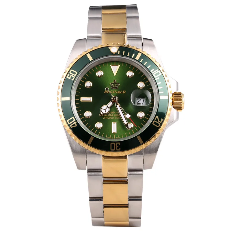 green gold no box Реджинальд часы для мужчин вращающийся ободок GMT сапфировое стекло 50 м воды полный сталь Спорт Мода синий циферблат Кварцевые часы Reloj Hombre - Цвет: green gold no box