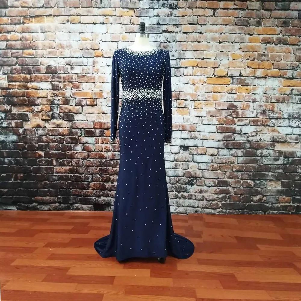 Vestidos Largo De Noche темно-синие кристаллы плюс размер длинный рукав платье элегантные длинные халаты женское платье v-образный вырез под заказ
