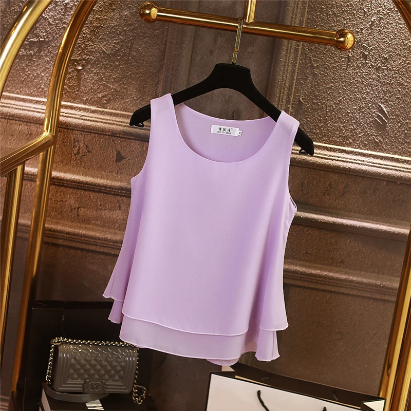 Light purple Новая Мода Лето Шифон Блузки Женщины Плюс Размер 4XL Свободные Без Рукавов О-Образным Вырезом Топы 13 Цветов Блузки Рубашки - Цвет: Light purple