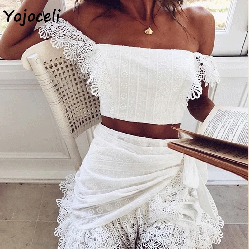 Yojoceli 2019 с кружевом кроше Сезон лето блузки рубашки открытыми плечами вечерние