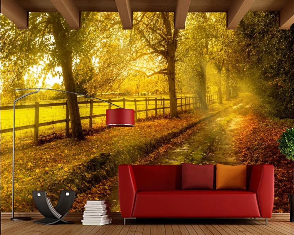 

Papel de pared Autumn Roads Trees Foliage Nature photo Leaf wallpaper,living room sofa TV background bedroom kitchen papel mural