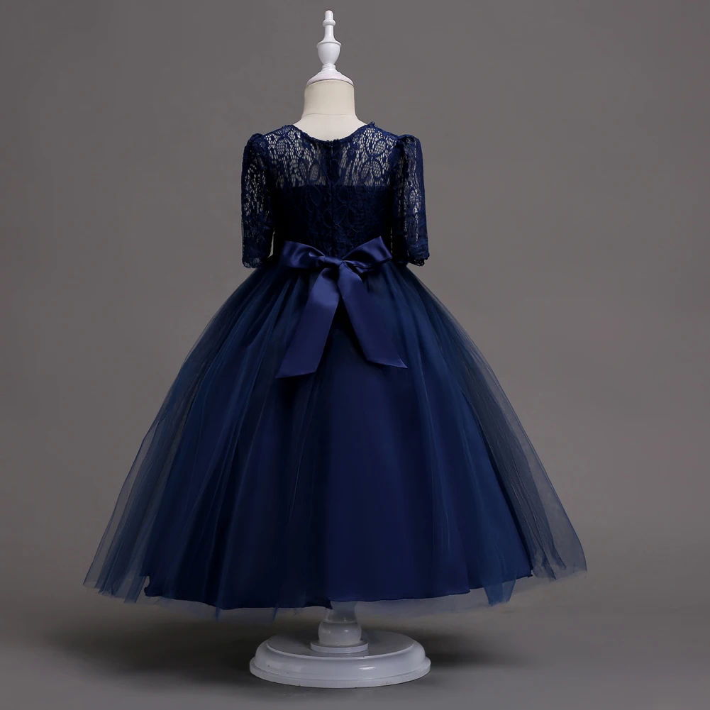 New Evening Lace Pearl Top Girls Party Wedding Dresses for Spring Lace-girls-dress-sleeves White Navy Dress Kids Elegant | Детская