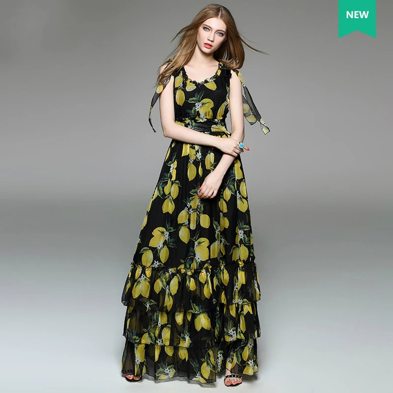 Женское шифоновое платье без рукавов Элегантное Длинное с принтом лимона и