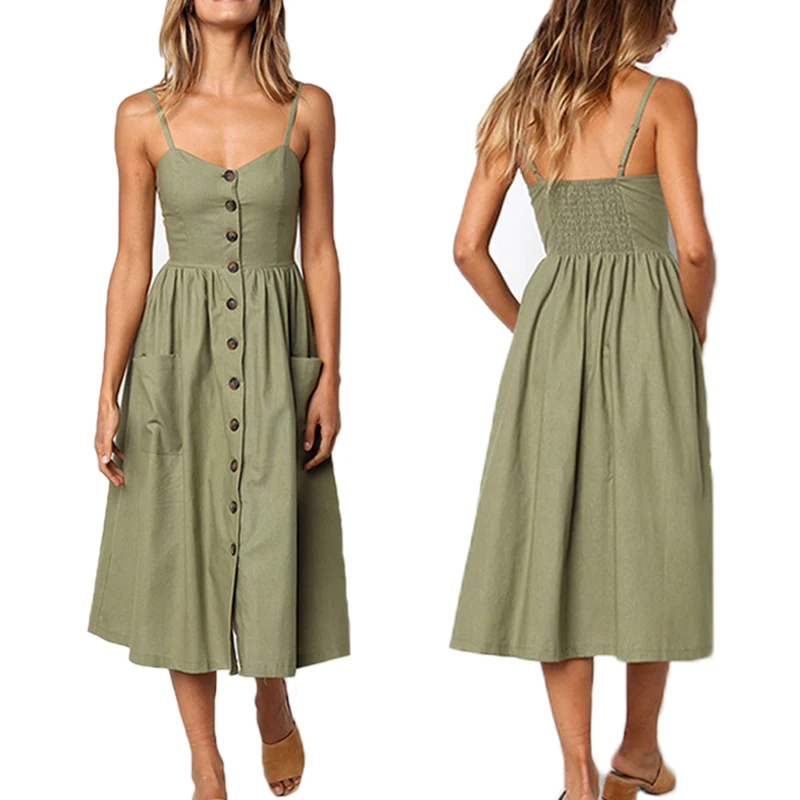 Womens Summer Dress 2019 Sexy Midi Ladies Vintage Plus Size Backless Straps Dresses Button Vestidos Casual Female Sundress | Женская