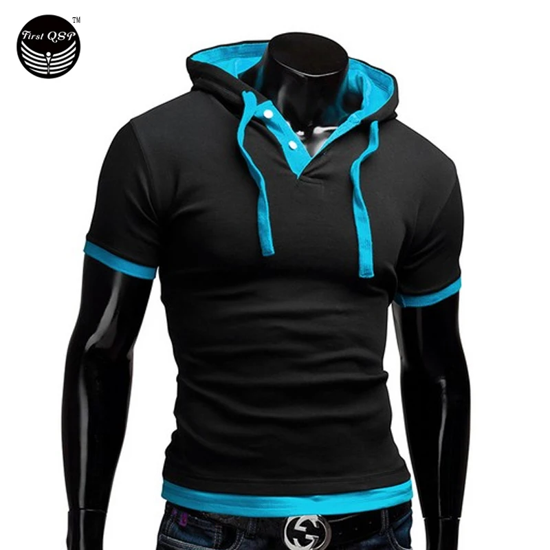 T Shirt Men Brand 2017 Fashion Men'S Hooded Collar Sling T Shirt Men Short Sleeve Slim Male Tops Large Size 4XL QSP