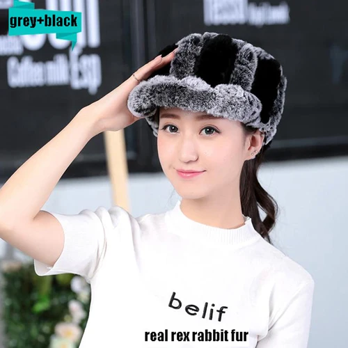 gray and black Новинка; Лидер продаж; женский Настоящий мех кролика; шапка; зимняя модная шапка из меха кролика рекс; вязаная шапка из натурального меха кролика рекс; ; розничная - Цвет: gray and black