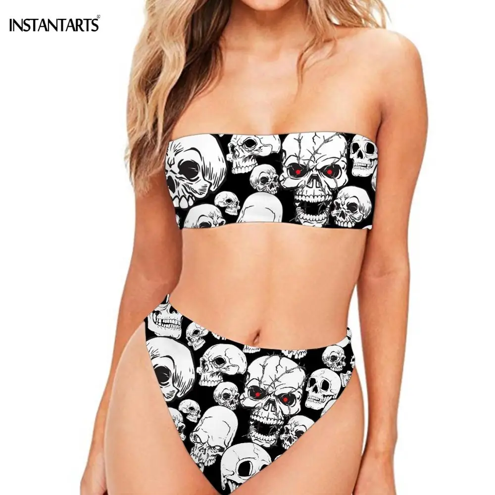INSTANTARTS 3D Punk Skull Print Woman Push Up Bikini Set Strapless Bandeau Swimming Suits Summer Female Sexy Bathing Beachwear | Женская