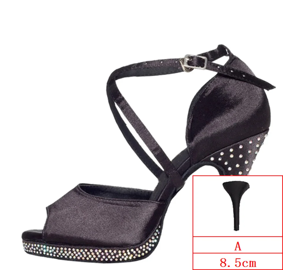 Zapatos De Baile Latino Mujer Туфли для латинских танцев сальса вечерние Обувь для танцев Сатиновые женские туфли со стразами Водонепроницаемая платформа 8.5cm10cm каблук N013 - Цвет: Black-A