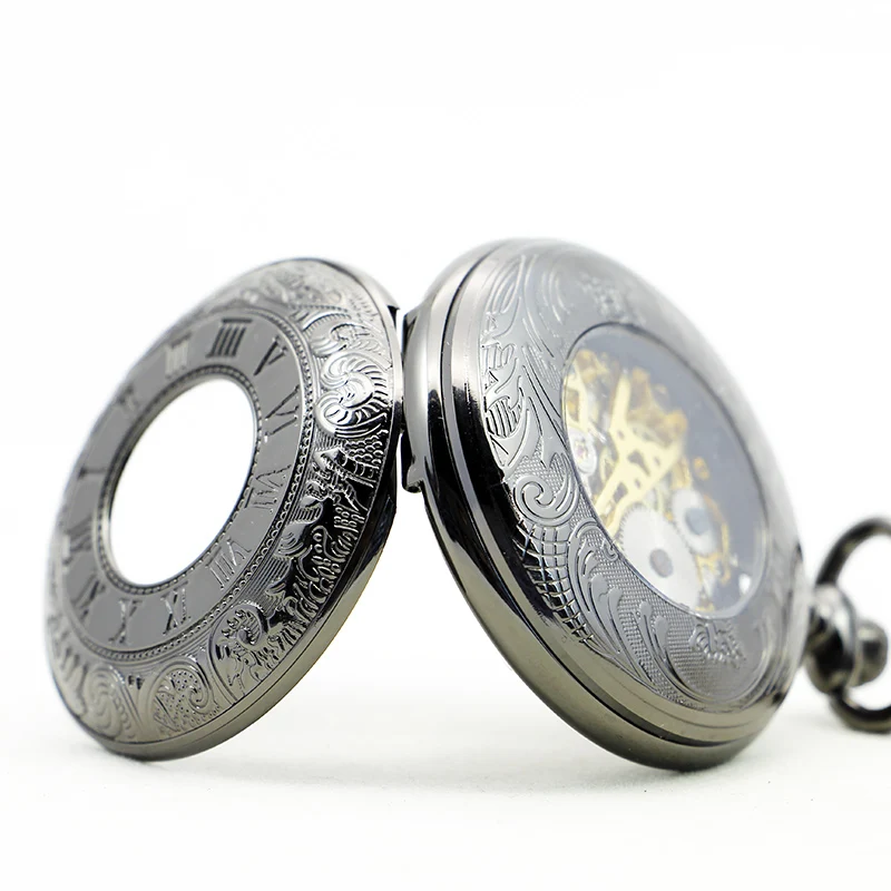 Black Roman Numerals Mechanical Quartz Pocket Watch Vintage Steampunk Hollow Manual Fob Chain Watch Best Gift for Men and Women