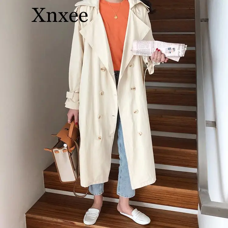 

Xnxee Women Double-Breasted Trench Coat with Belt Classical Lapel Collar Loose Long Windbreaker Russia style Chic Outwear
