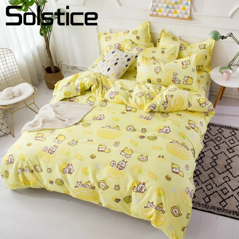 Solstice Home Textile Twin Full King Queen Bed Linen Set Lemon Yellow Cartoon Duvet Cover Sheet Pillowcase Kid Girl Teen Bedding | Дом и сад