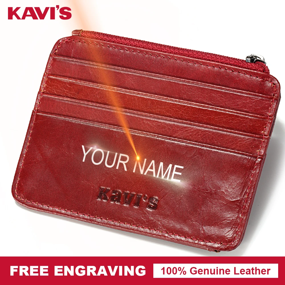KAVIS Бесплатная гравировка тонкий маленький красный держатель для карт на молнии