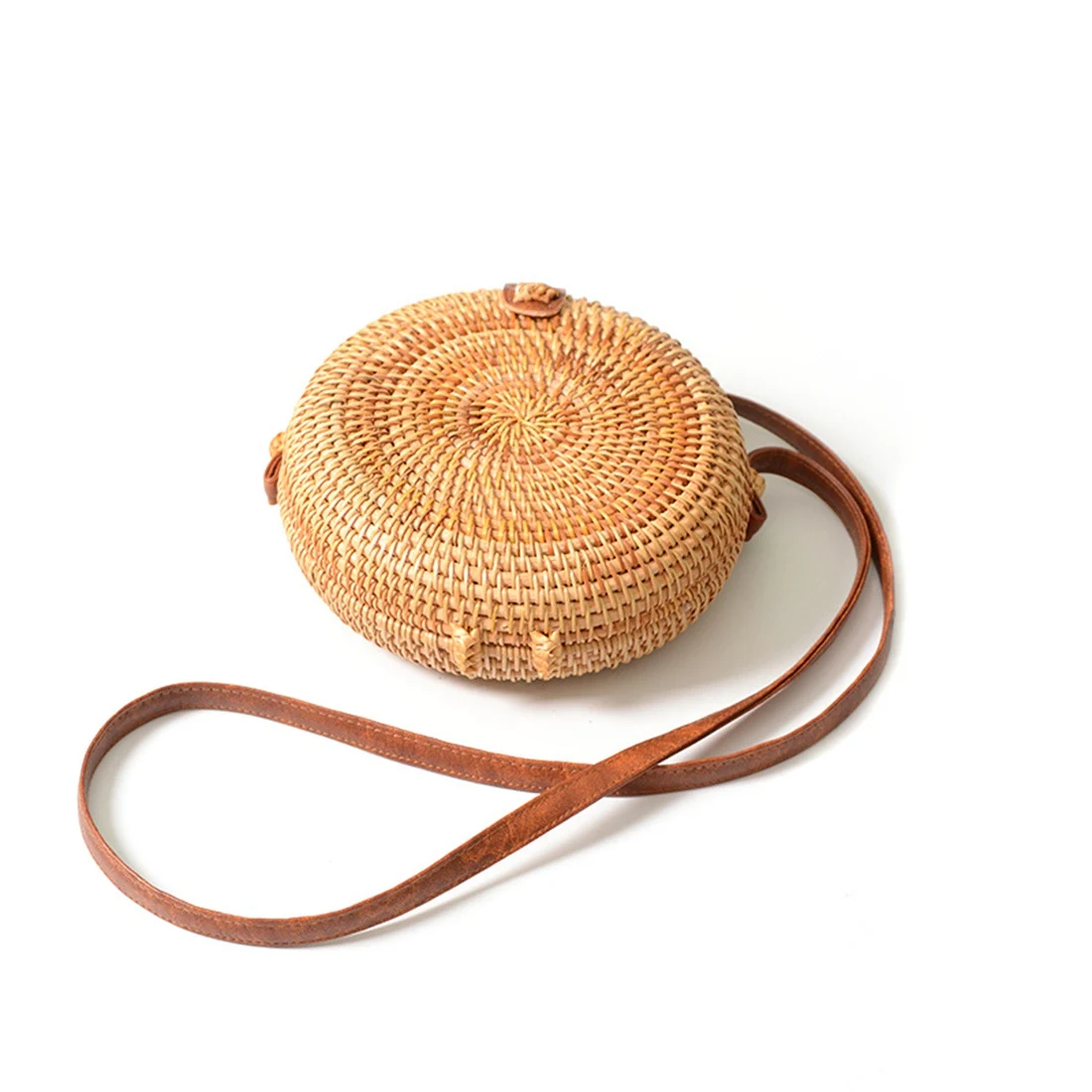 

INS new ladies hand-woven bag round rattan retro literary hand-woven leather buckle package Bohemia Beach Messenger bag