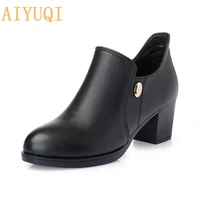 2021 new women dress pumps fashion genuine leather women shoes square heels shoes woman chaussure femme pointed toe boots