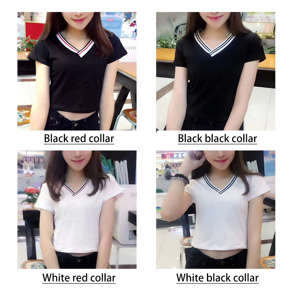 Летние Для женщин короткий рукав v-образным вырезом Тонкий футболки в Длина Топы