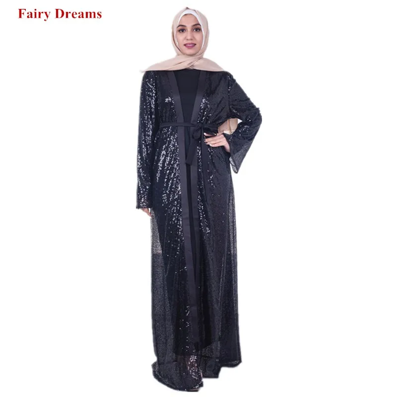 Черное кимоно abaya в Дубае, с блестками, турецкое пальто, женское мусульманское пальто, длинный кардиган с повязками, болеро, мусульманская одежда