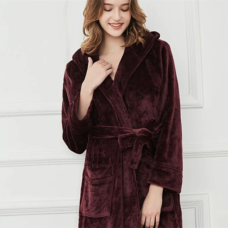 Winter Robe Female Velvet Robes Women Long Sleepwear Elegant Ankle-Length Ladies Beige Hooded ladies Bathrobe 3 color | Женская одежда