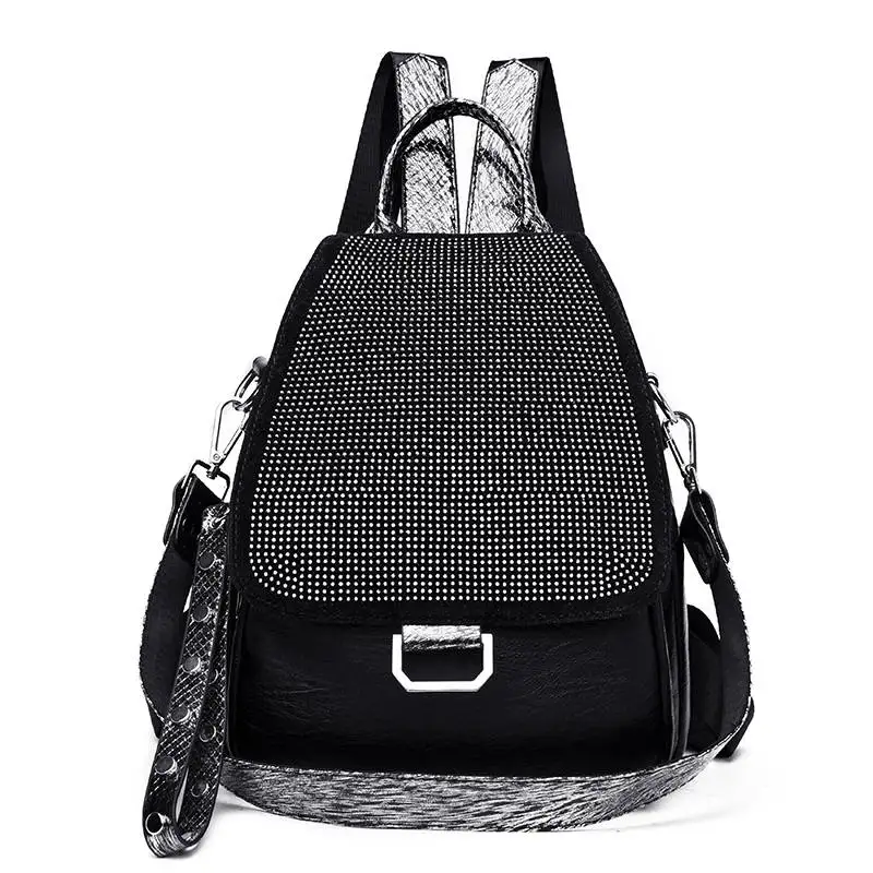 Women's Embroidered Backpack Women's Sequins Travel Backpack Women's Diamond Studded Backpack Mochilas Shoulder Bags School bag - Цвет: Black