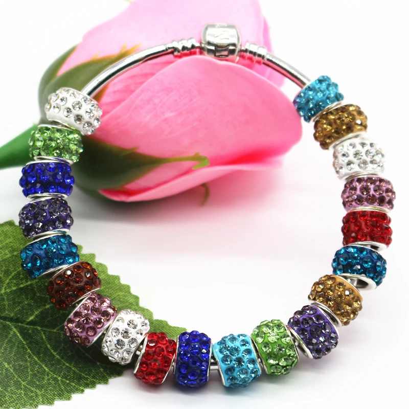 12mm Silver Color Cord Big Hole With Rhinestone Loose Beads Fit European Jewelry Bracelet Charms DIY 100pcs/lot | Украшения и